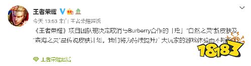 王者荣耀取消和Burberry联动!网友：“干得漂亮!”