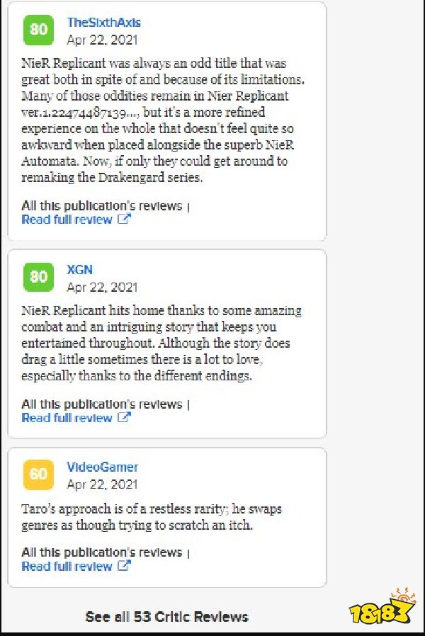 《尼尔:人工生命 ver.1.22474487139...》M站平均83分 53家媒体无差评