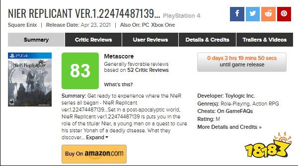 《尼尔：人工生命 ver.1.22474487139...》M站平均83分 53家媒体无差评