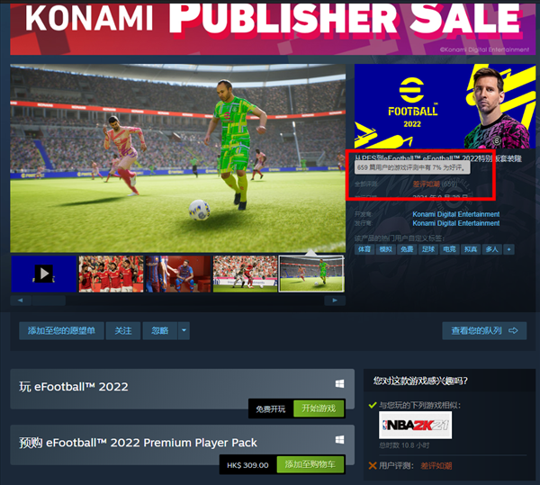 《eFootball 2022》上线Steam 差评如潮仅7%好评率