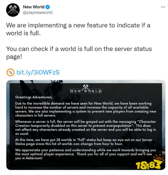 亚马逊MMO《新世界》太火爆 游戏官方暂停新角色创建