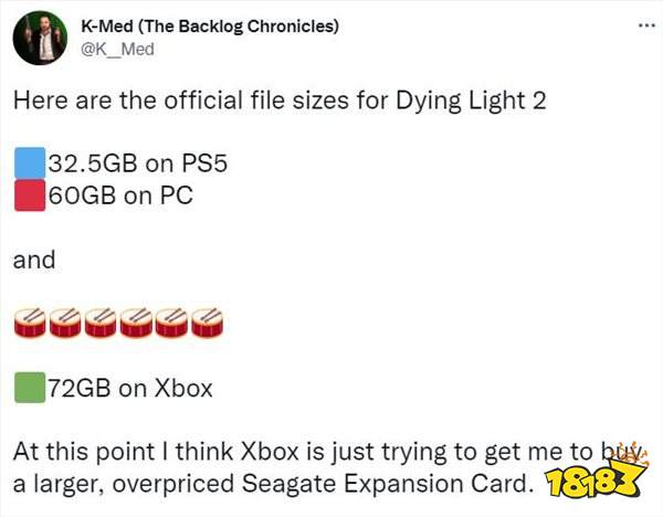 网传Xbox《消逝的光芒2》容量达72GB PS5版的两倍