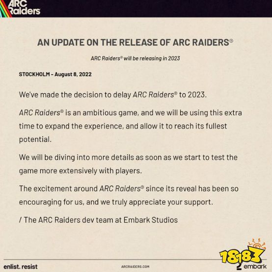 合作射击游戏《ARC Raiders》官宣跳票 为了更好的游戏细节