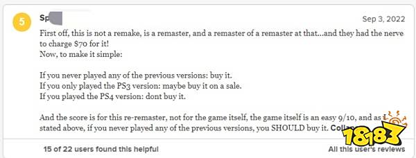 《最后生还者1重制版》M站用户评分5.9：好玩但不值70刀