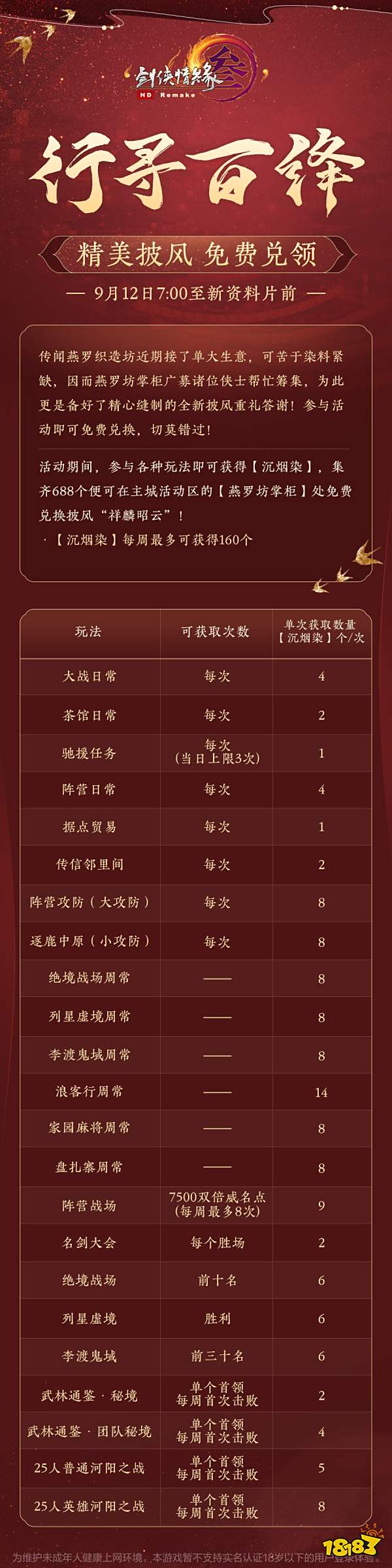 剑网3重制版全新精美披风免费兑领 祥麟昭云披风免费获得方法