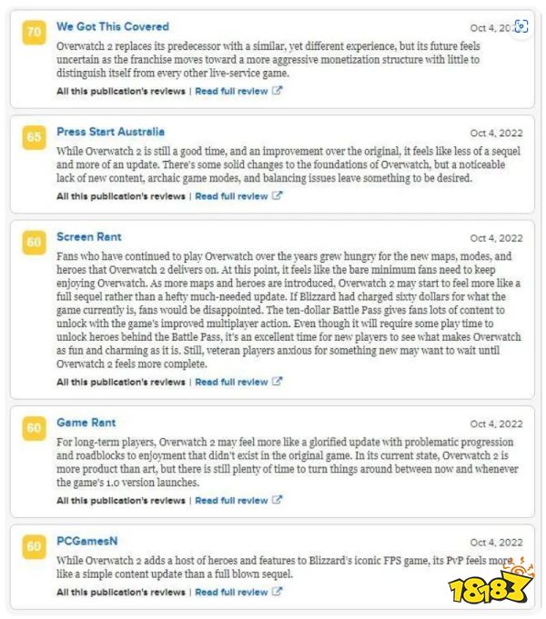 守望先锋2M站评分出炉 均分81虽不完美但好玩