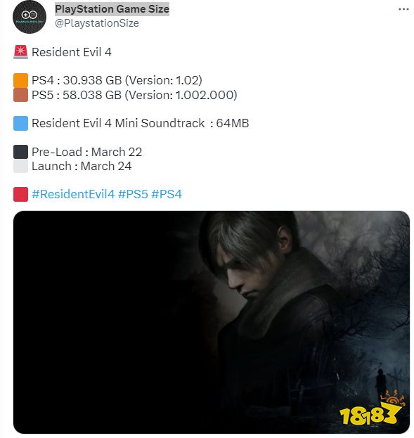 《生化危机4：重制版》PS版容量曝光 PS5约58G