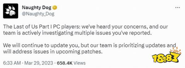 顽皮狗回应《最后生还者》PC版问题：正在解决中