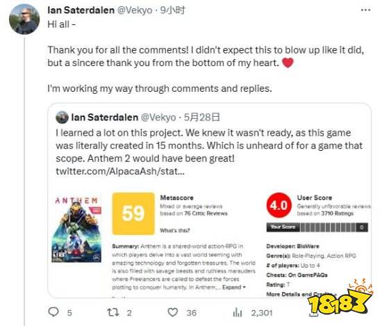 《圣歌》开发人员每周工作90小时：但期待《圣歌2》