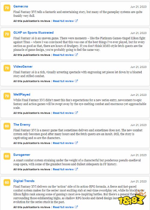 《FF16》中评汇总：老套的支线和故事是最大槽点