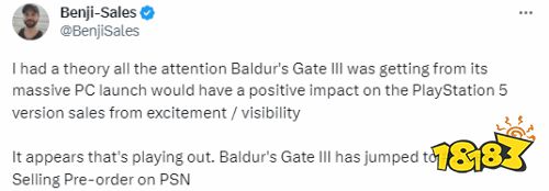 《博德之门3》PS5版预购量飙升!超过《蜘蛛侠2》等