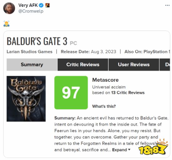 M站登顶！拉瑞安总监庆祝《博德之门3》97分