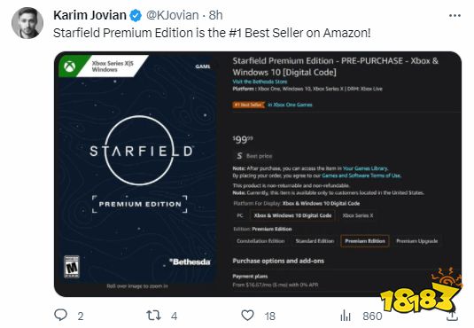 会免游戏也卖爆!《星空》高级版登亚马逊畅销榜第一