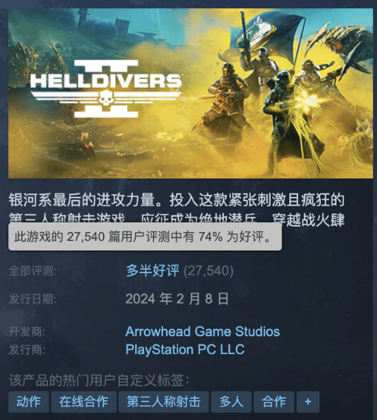 熱度不減！《地獄潛者2》Steam玩傢峰值達15.5萬