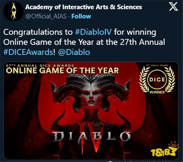 恭喜！《暗黑破坏神 4》荣获2024第27届年度DICE奖年度最佳在线游戏奖！