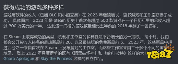 2023年有500款以上steam逛戏收入超3百万美元