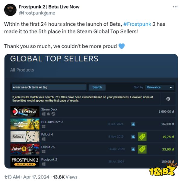 喜报！《冰汽时代2》冲上Steam畅销榜前5！测试仅上线1天！
