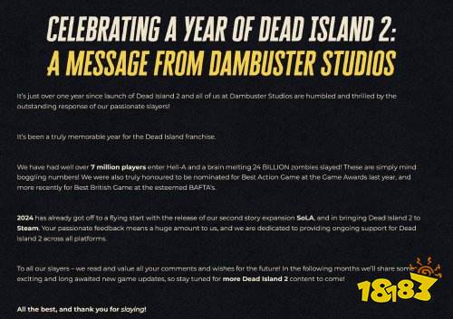 《死亡岛2》玩家数量超过700万！游戏中已有240亿只僵尸被击杀