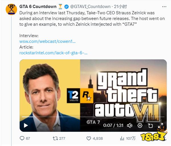 今夕是何年!《GTA6》还没出 T2就先提到了《GTA7》
