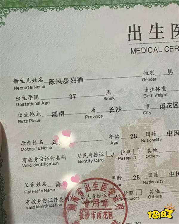 一位魔兽玩家给孩子取名“陈风暴烈酒”,还发出生证明!网友:不考虑孩子的童年?