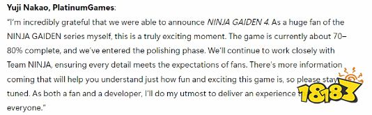 回来了，都回来了！《忍者龙剑传4》已开发70-80%！正在进入完善阶段