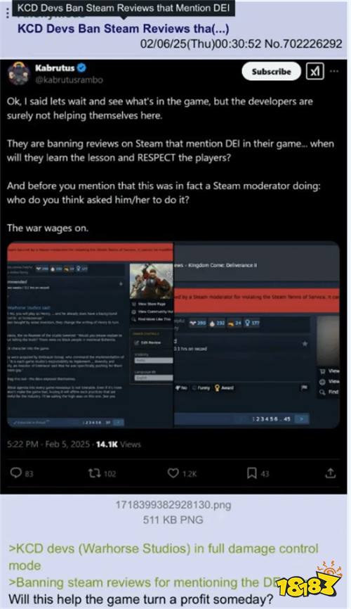 又捂人嘴巴?《天国拯救2》Steam评论遭删 涉及DEI成禁忌话题