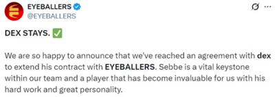 EYEBALLERS与dex完成续约!瑞典战队锁定核心选手