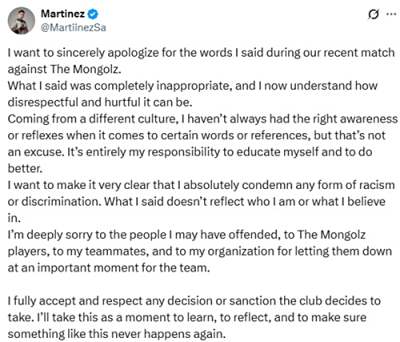 MartinezSa就赛场不当言论致歉！The MongolZ回应未感冒犯​