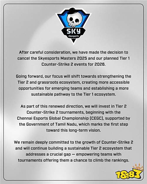 Skyesports宣布取消2025-2026年所有一线赛事！专注二线赛事发展​