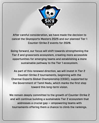 Skyesports宣布取消2025-2026年所有一线赛事！专注二线赛事发展​