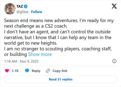 传奇选手TaZ寻求新挑战 宣布重返CS2教练岗位