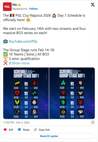 PGL克卢日-纳波卡首轮对阵出炉:Vitality vs G2焦点战领衔