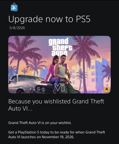 PlayStation敦促PS4用户升级PS5迎接GTA6发售