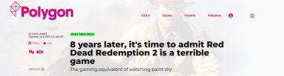 RDR2发售8年被骂烂作Polygon暴论引众怒